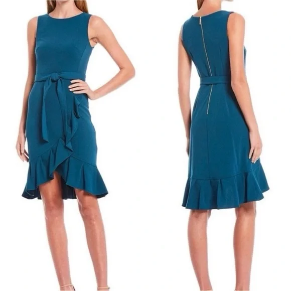 Calvin Klein ruffle sheath dress tie waist flounce hem size 4 teal - Picture 2 of 13